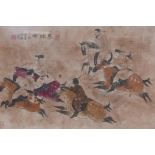 Chinese watercolour depicting polo players, with inscriptions and seal marks, 26" x 17"
