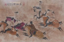 Chinese watercolour depicting polo players, with inscriptions and seal marks, 26" x 17"