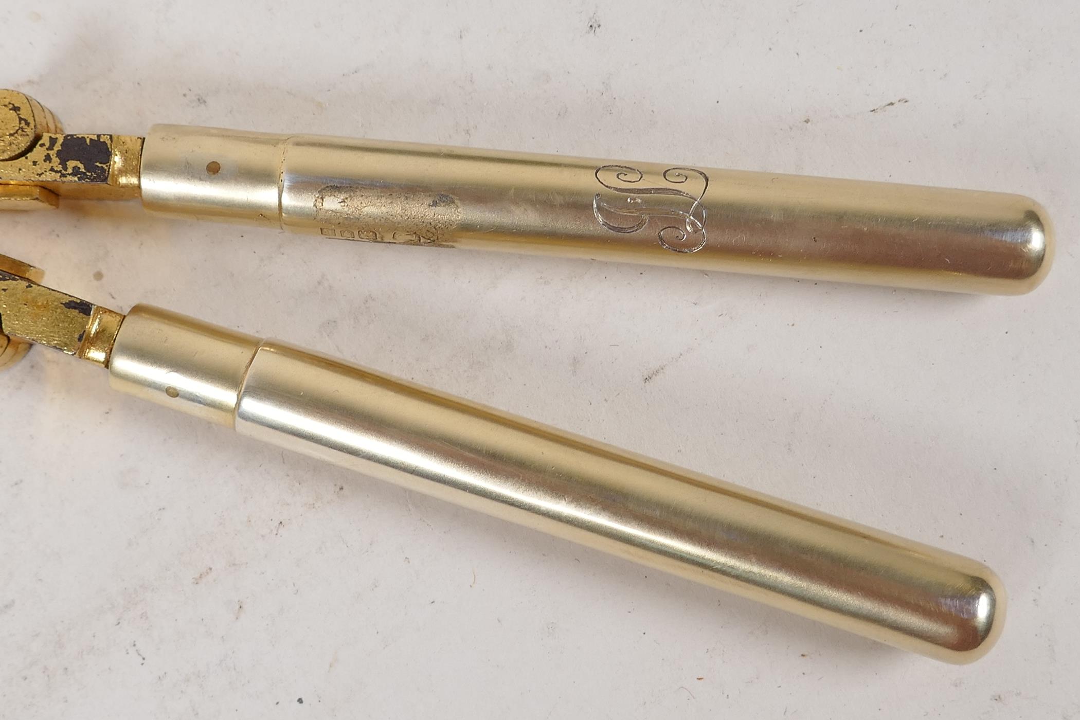 A pair of gilt metal folding curling tongs with hallmarked silver handles, London 1905, in a - Image 5 of 6