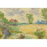 Rural scene with farmhouse, signed Paul Maze, pastel drawing, 10" x 12½"