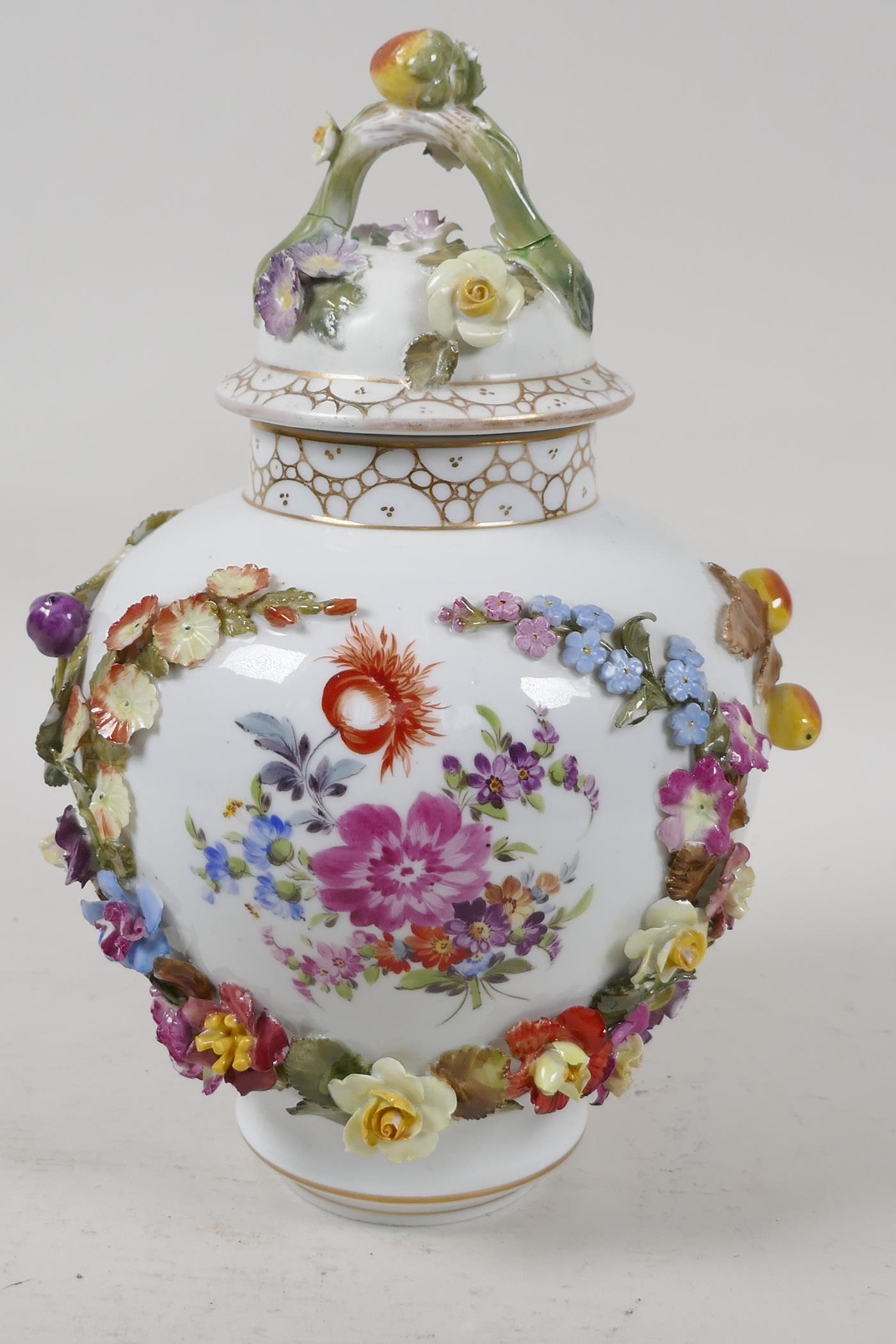 A German porcelain vase and cover, decorated with a courting couple, and encrusted with fruit and - Image 3 of 4