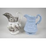 A C19th Ridgways pottery water jug, embossed with a tavern scene, 11"high, together with a