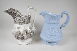 A C19th Ridgways pottery water jug, embossed with a tavern scene, 11"high, together with a