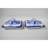 A pair of C19th Leeds Pottery blue and white tureens decorated with the Long Bridge Willow