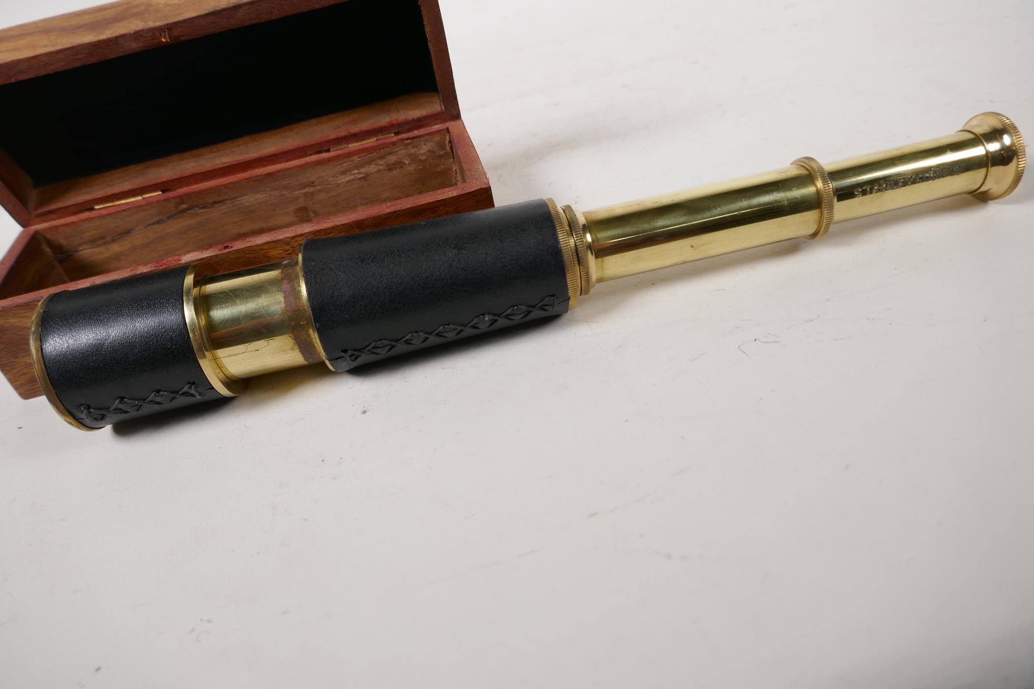 A two draw brass telescope, 13" long extended, in a hardwood box - Image 2 of 4