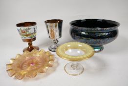 A Brierly glass lustre ware bowl, 8" diameter, together with two lustreware goblets, a small