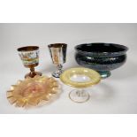 A Brierly glass lustre ware bowl, 8" diameter, together with two lustreware goblets, a small