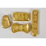 Four Chinese gilt metal trade tokens/ingots, impressed marks, longest 3½"