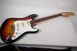A vintage Japanese built Columbus Stratocaster guitar circa 1970 with soft case, 40" long
