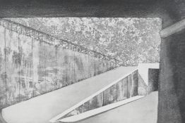 M. Sasso, limited edition etching of a brutalist subject, 86/100, pencil signed and dated 74, 18"