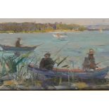 Two Russian paintings, fishermen in open boats, and a still life with pots on a shelf, both signed