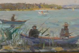 Two Russian paintings, fishermen in open boats, and a still life with pots on a shelf, both signed