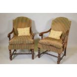 A pair of French style open arm hump back chairs, 40" high