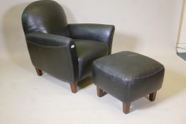 An Italian 'Calia' black leather club chair and matching foot stool