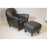 An Italian 'Calia' black leather club chair and matching foot stool