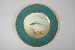 A Minton porcelain cabinet plate with painted mackerel, by Arthur Holland, with gilt embellished