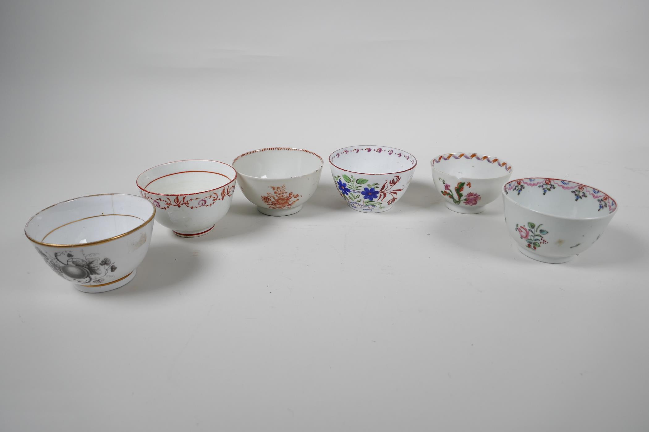 Six late C18th English porcelain tea bowls, various manufacturers