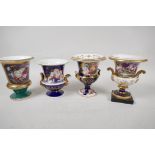 Four C19th English porcelain campagne style urns painted with flowers, 5½" high