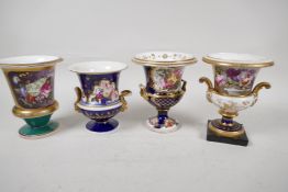 Four C19th English porcelain campagne style urns painted with flowers, 5½" high