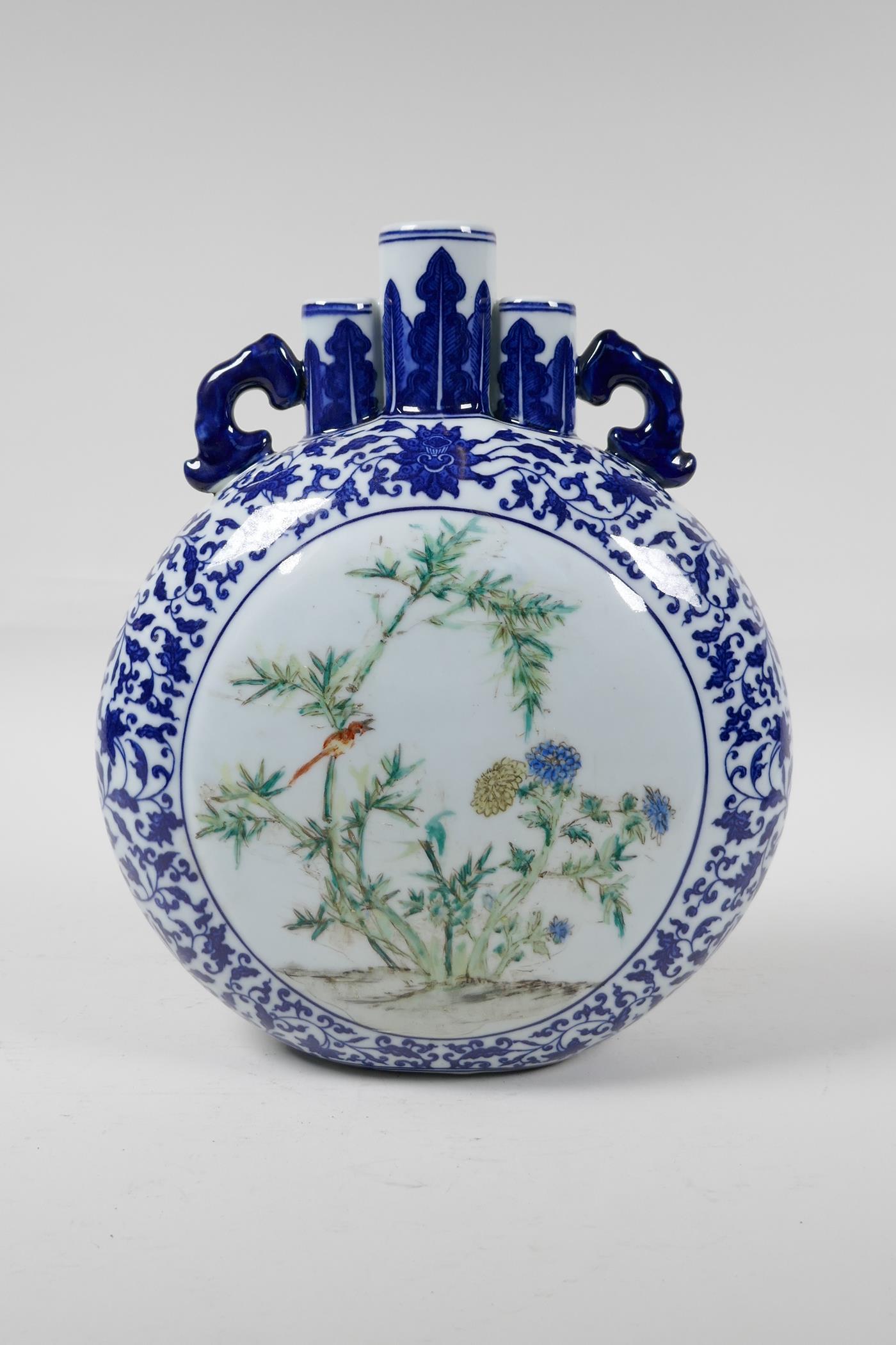 A Chinese blue and white porcelain triple stem moon flask with polychrome panels depicting a - Image 5 of 7