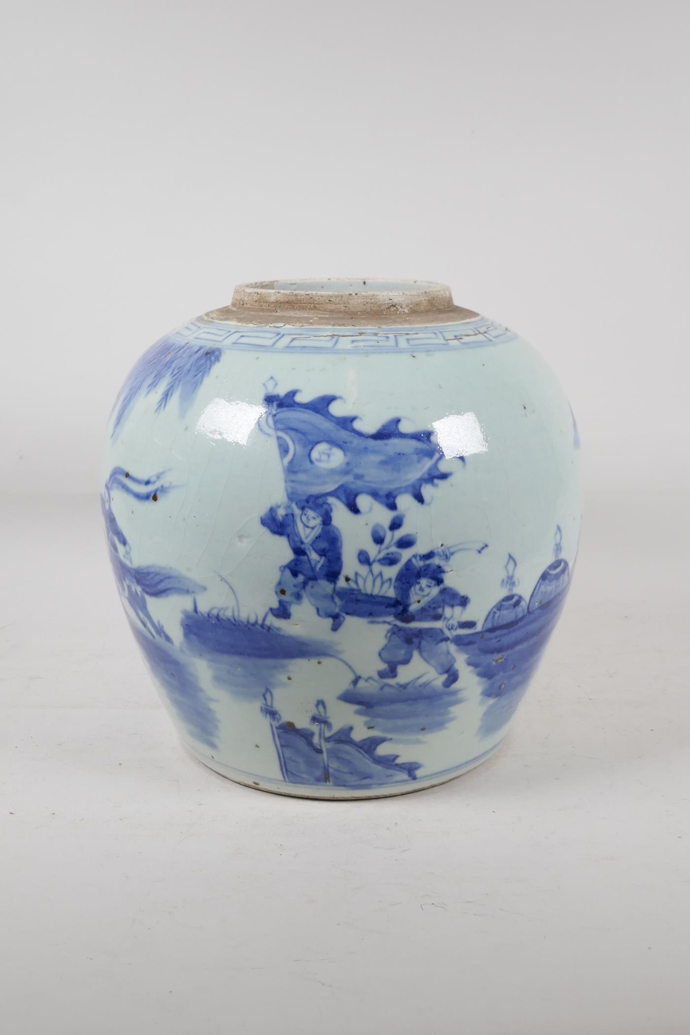 A Chinese blue and white porcelain ginger jar decorated with warriors in a landscape, 10½" high - Image 3 of 8