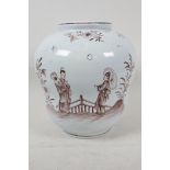 A C19th Delftware pottery vase painted with oriental figures in a garden, 8" high
