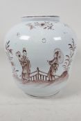 A C19th Delftware pottery vase painted with oriental figures in a garden, 8" high