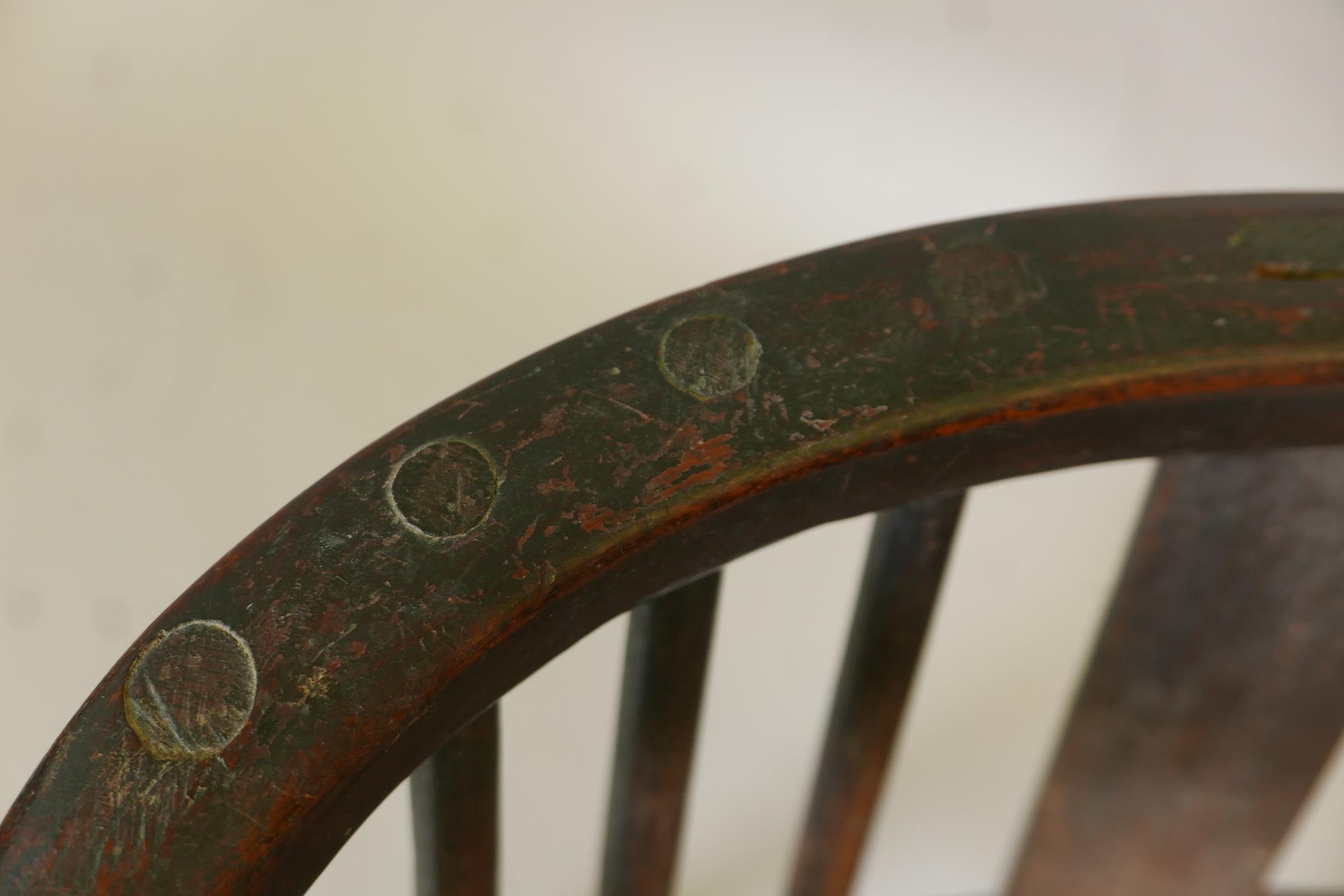 A C19th ash and elm seated bow arm chair, with crinoline stretcher and turned supports (originally a - Image 4 of 4