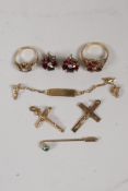A quantity of 9ct gold jewellery to include two rings set with garnets and seed pearls, a pair of