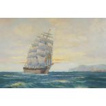 George Furst, German, three masted ship at full sail, oil on canvas, 27" x 23"