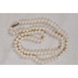 A string of 94 cultured pearls, 7mm diameter, on a 9ct gold clasp, with valuation from 2004)