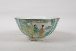 A famille vert porcelain rice bowl decorated with figures in interior scenes, six character mark