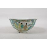 A famille vert porcelain rice bowl decorated with figures in interior scenes, six character mark