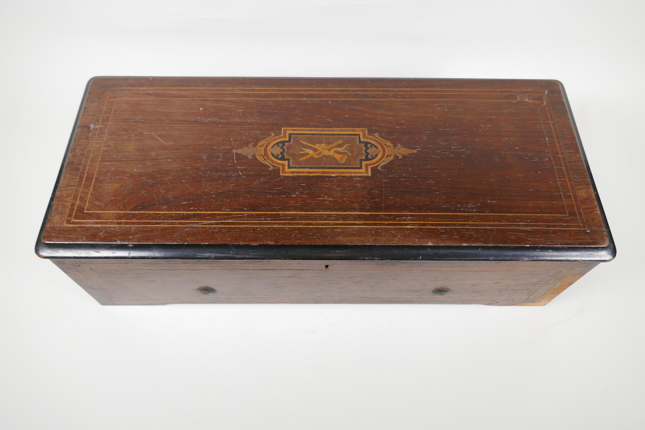 A C19th Swiss rosewood veneered music box with cross banded inlay, playing 6 aires, lacks melody - Image 2 of 6