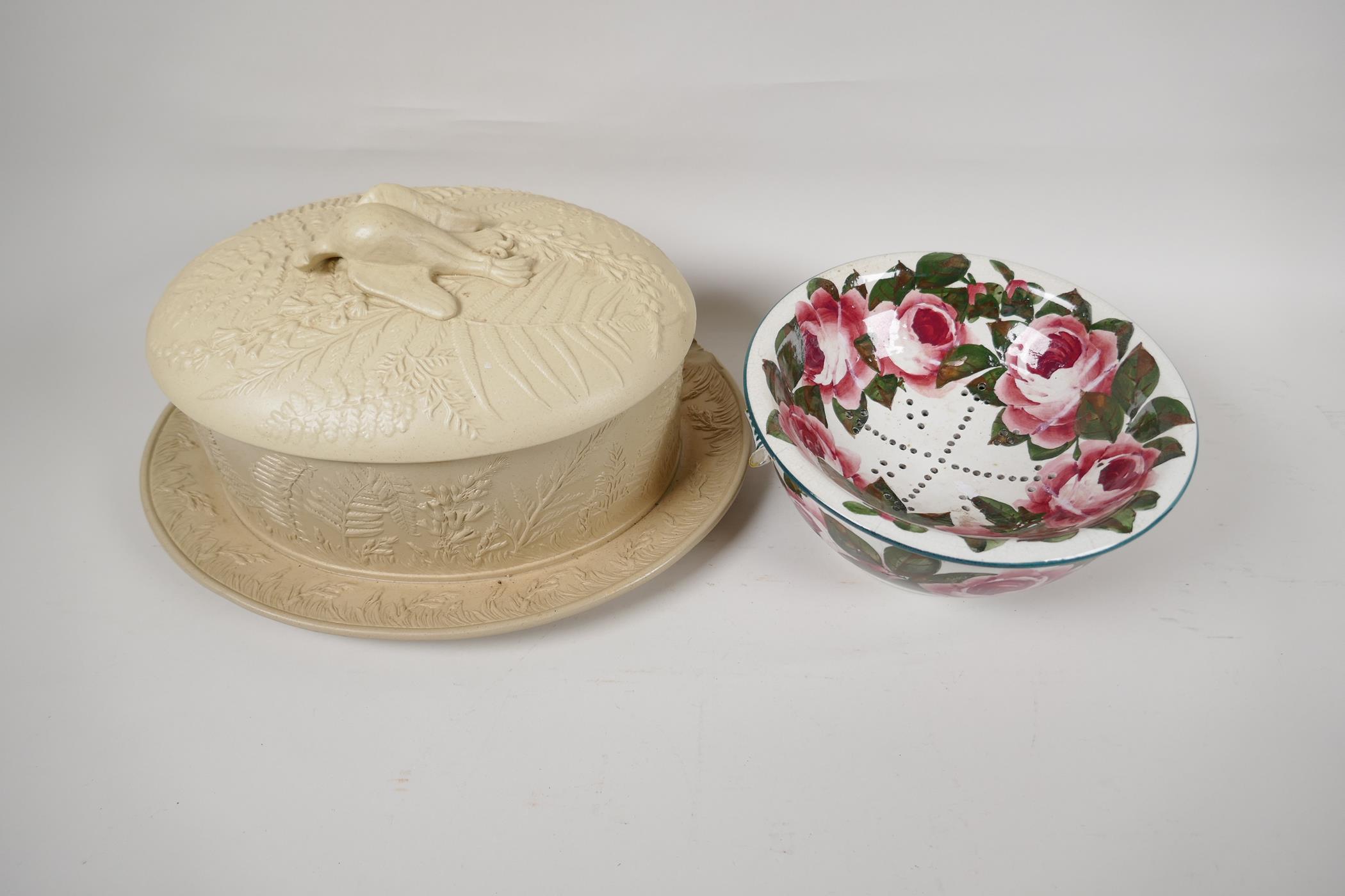 A Wedgwood style stoneware game tureen and cover with raised and applied decoration, A/F, 12"