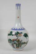 A famille vert porcelain bottle vase decorated with figures and kylin in a landscape, Chinese Kangxi