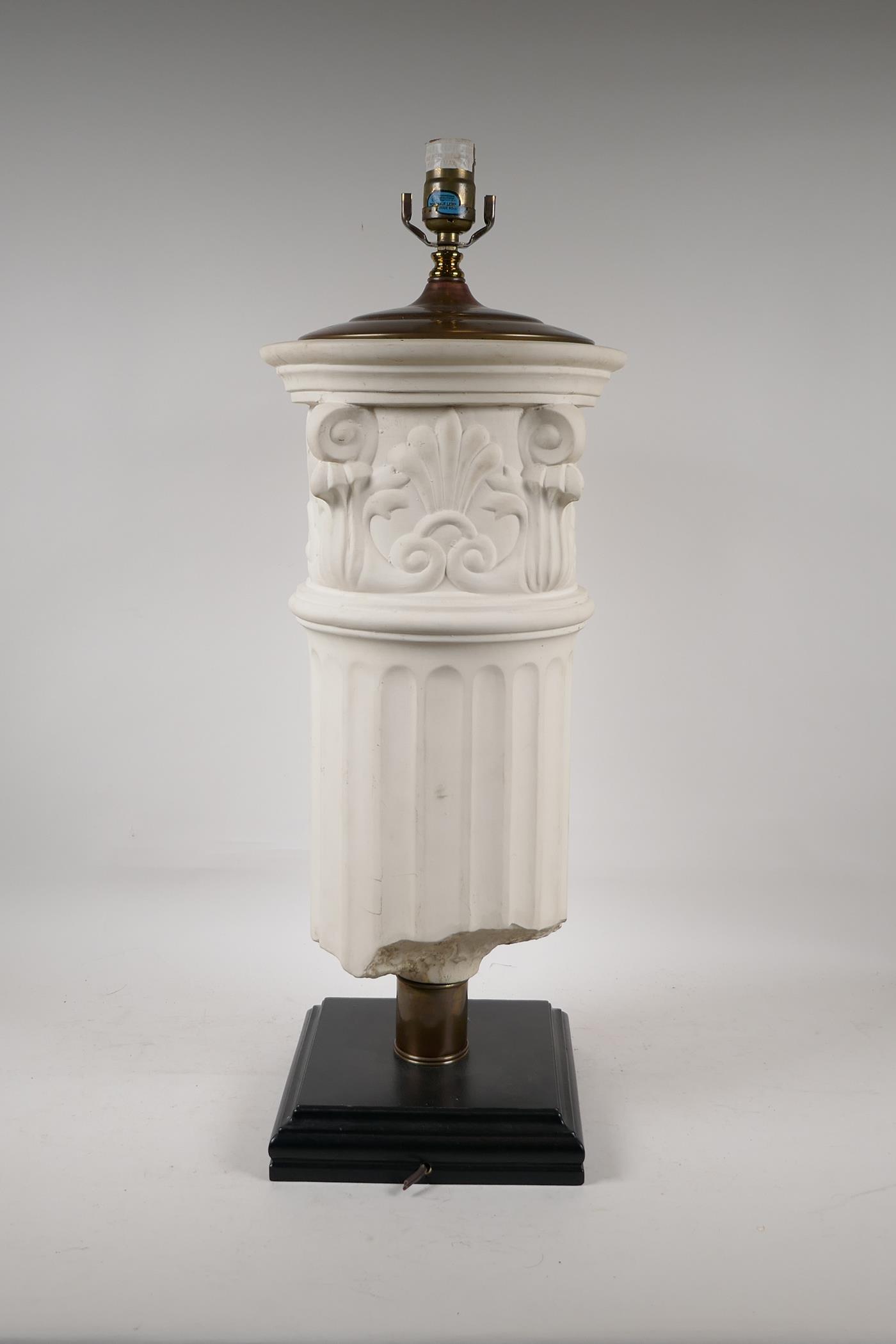 A ceramic and brass mounted table lamp in the form of a Corinthian column capital, 26" high - Image 3 of 4