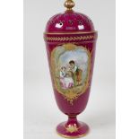 A porcelain vase and cover decorated with a courting couple and landscape verso, with gilt borders