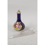 A C19th Crown Derby perfume bottle painted with flowers on a royal blue ground, 4" high, together