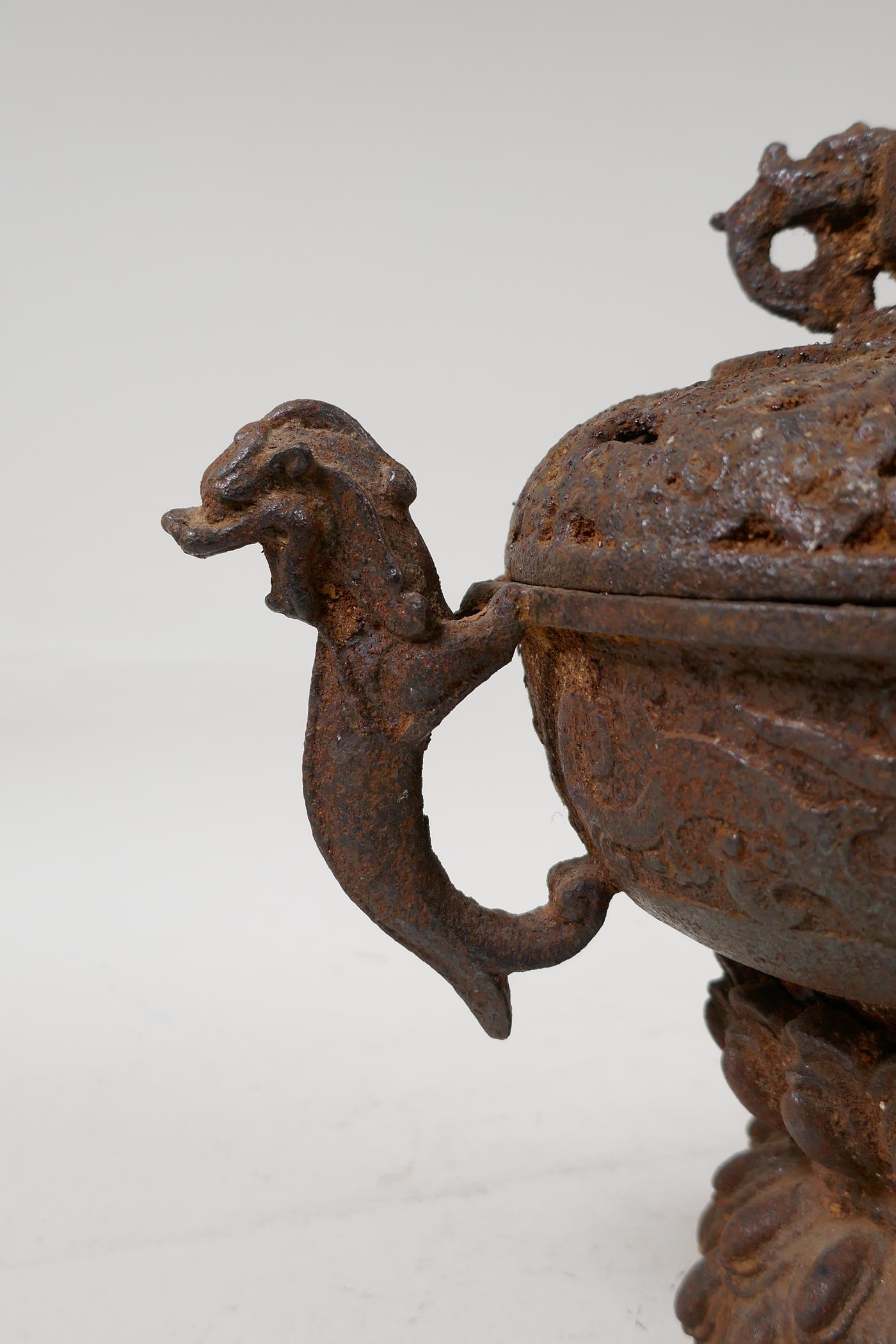 A cast iron censer with two dragon shaped handles, and a pierced cover, Chinese, 9" high - Image 3 of 6