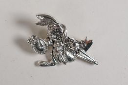 A sterling silver brooch in the form of the white rabbit from Alice in Wonderland, 1½"