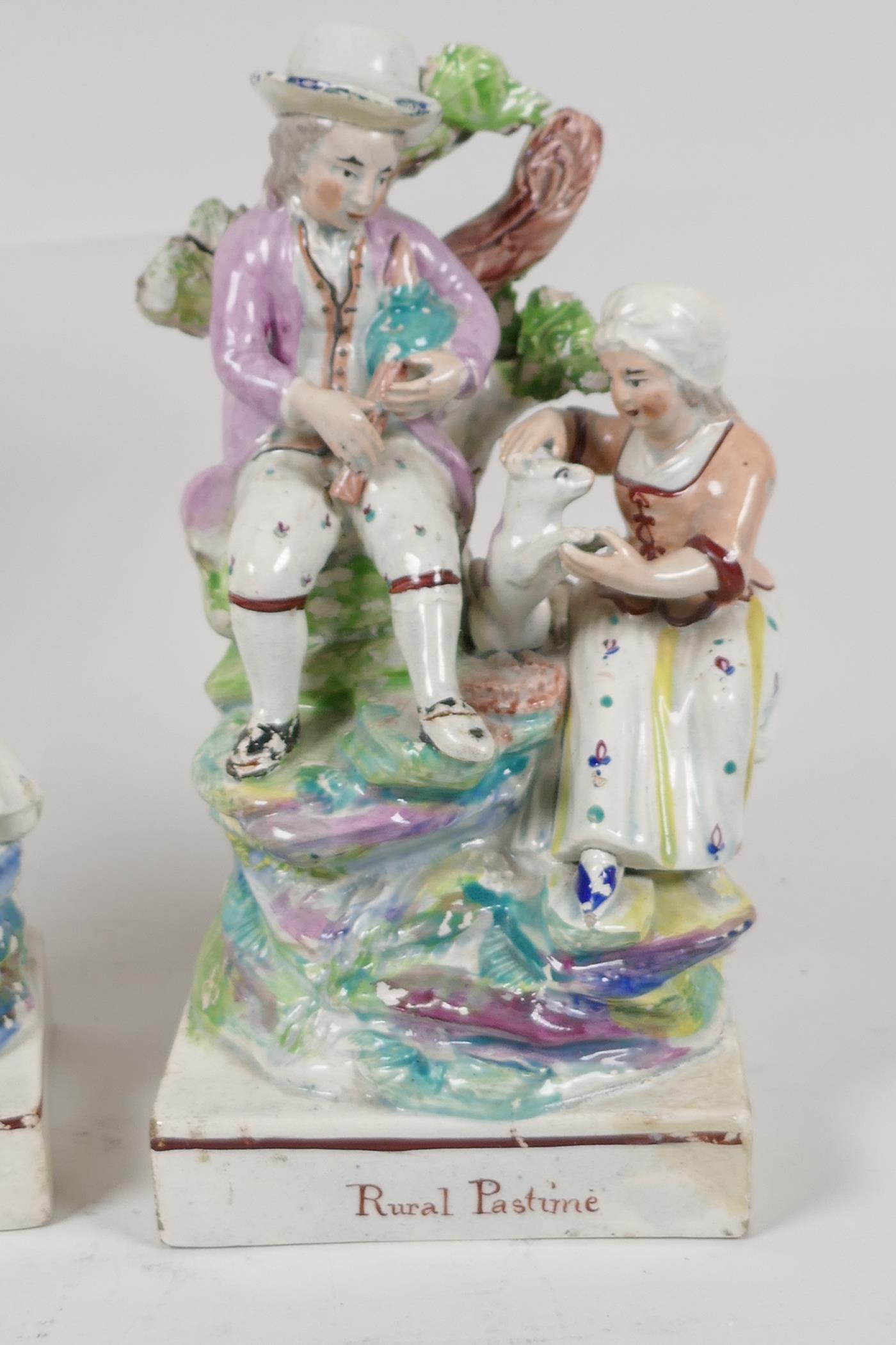 Two C19th Staffordshire flat back brocage figures 'Rural Pastimes' and 'Scuffle', 7" high - Image 3 of 4