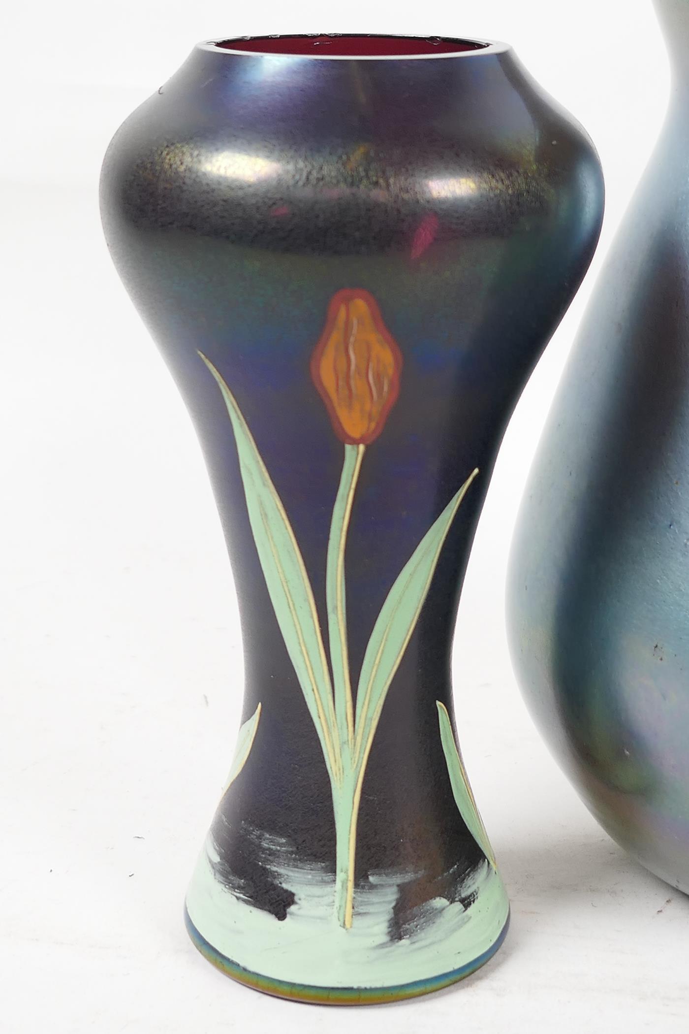 An Art Nouveau studio glass vase decorated with enamelled lilies, 6" high, a lustre ware studio - Image 2 of 4