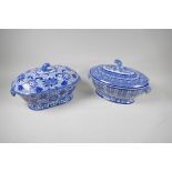 A C19th blue and white soup tureen by Adams, 13" long, and another similar