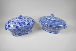 A C19th blue and white soup tureen by Adams, 13" long, and another similar