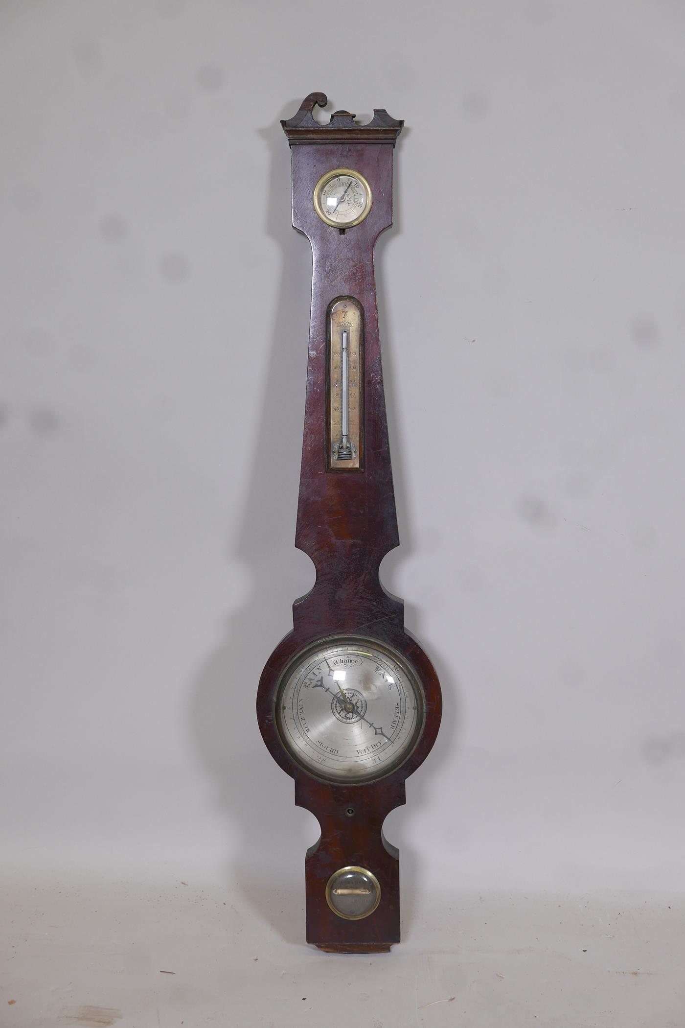 A C19th mahogany barometer by Abraham, Cheltenham, mercury removed, 37" long, losses