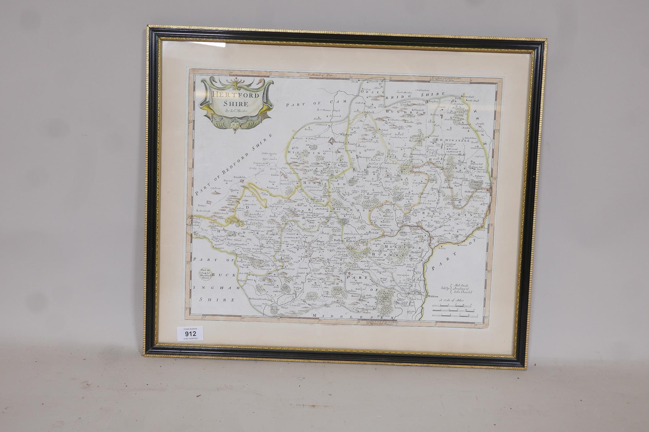 Robert Morden, Map of Hertfordshire, a sympathetically hand coloured engraving, 17" x 20" - Image 2 of 4