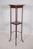 An Edwardian inlaid mahogany two tier jardiniere stand, raised on splay supports, 12" x 12" x 48"