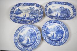 C19th blue and white pottery 'Man on Donkey' pattern meat dish, 14" x 11", oval serving bowl and two