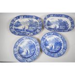 C19th blue and white pottery 'Man on Donkey' pattern meat dish, 14" x 11", oval serving bowl and two